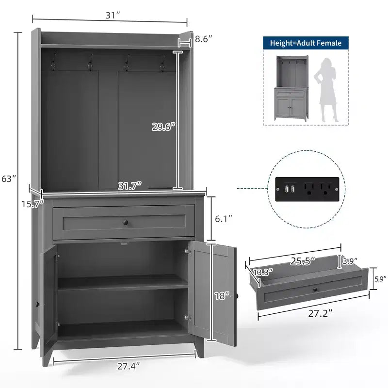 Mobile credenza da cucina da 63" con stazione di ricarica, angolo caffè con 1 grande cassetto, ripiani regolabili e 4 ganci
