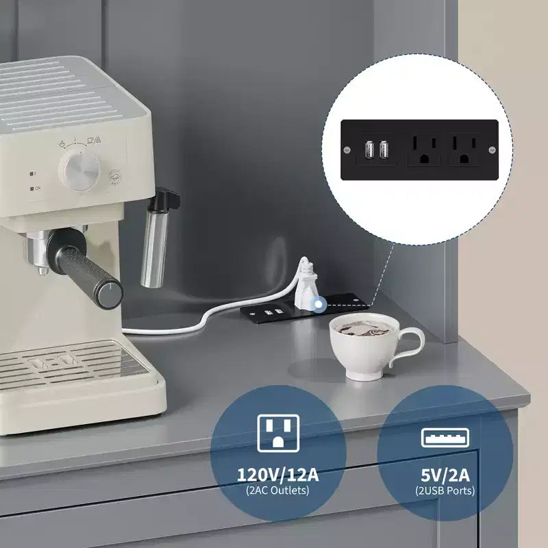Mobile credenza da cucina da 63" con stazione di ricarica, angolo caffè con 1 grande cassetto, ripiani regolabili e 4 ganci