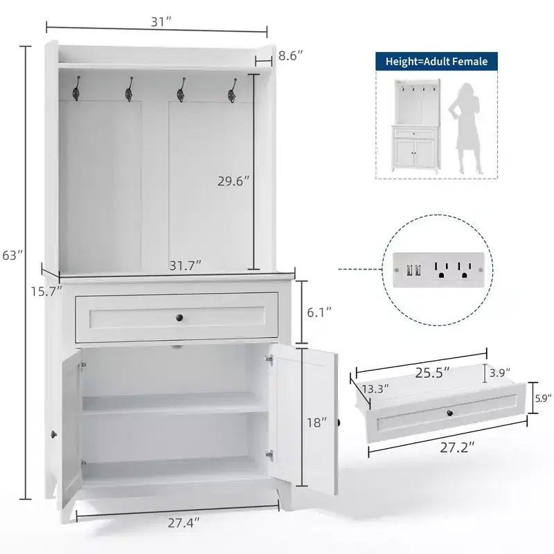 Mobile credenza da cucina da 63" con stazione di ricarica, angolo caffè con 1 grande cassetto, ripiani regolabili e 4 ganci