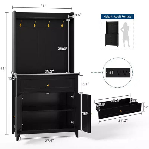 Meuble de garde-manger de cuisine de 160 cm avec station de charge, meuble de bar à café avec 1 grand tiroir, étagères réglables et 4 crochets