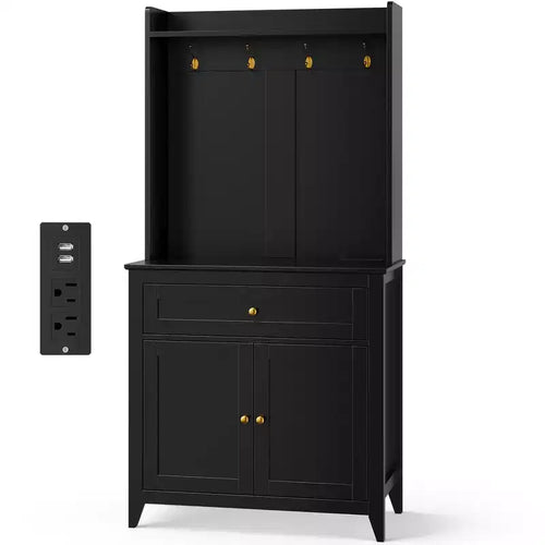63 Kitchen Pantry Cabinet with Charging Station, Coffee Bar Station with 1 Large Drawer, Adjustable Shelves and 4 Hooks