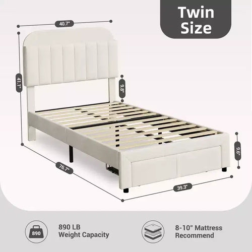 Set da 2 telai letto singolo imbottiti in velluto con cassetto e testiera contenitore, nessuna rete a molle richiesta, beige silenzioso
