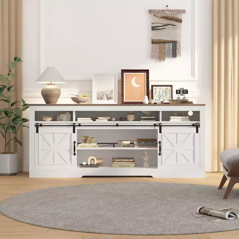 66 Farmhouse TV Stand for 75 TVs, Entertainment Console with Barn Doors, Adjustable Shelf and Semi-Open Storage for Living Room