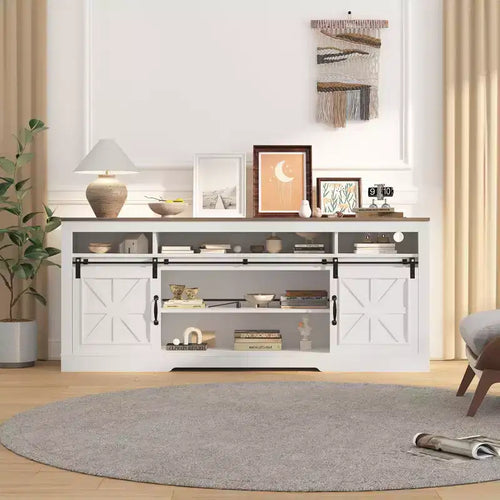 66 Farmhouse TV Stand for 75 TVs, Entertainment Console with Barn Doors, Adjustable Shelf and Semi-Open Storage for Living Room