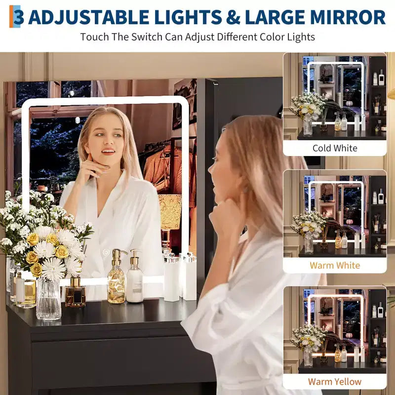 Toeletta con Specchio, Luci LED, 4 Cassetti, Presa Elettrica, Sgabello Contenitore, Mensole e Porta Asciugacapelli