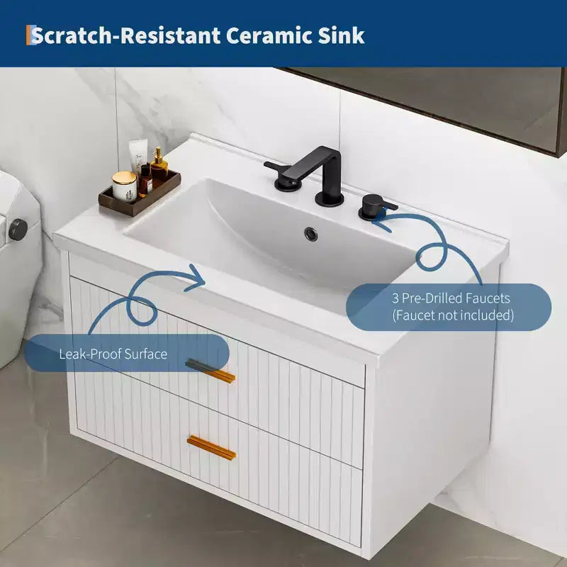 Mobile bagno sospeso con lavabo, mobile lavabo a parete con 2 cassetti a chiusura ammortizzata, mobile moderno per bagno