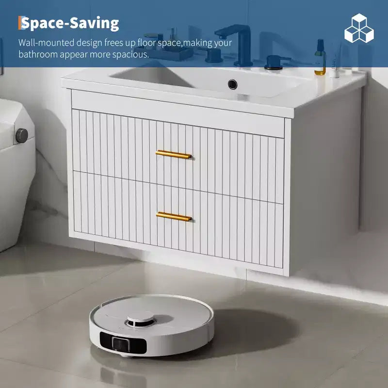 Mobile bagno sospeso con lavabo, mobile lavabo a parete con 2 cassetti a chiusura ammortizzata, mobile moderno per bagno