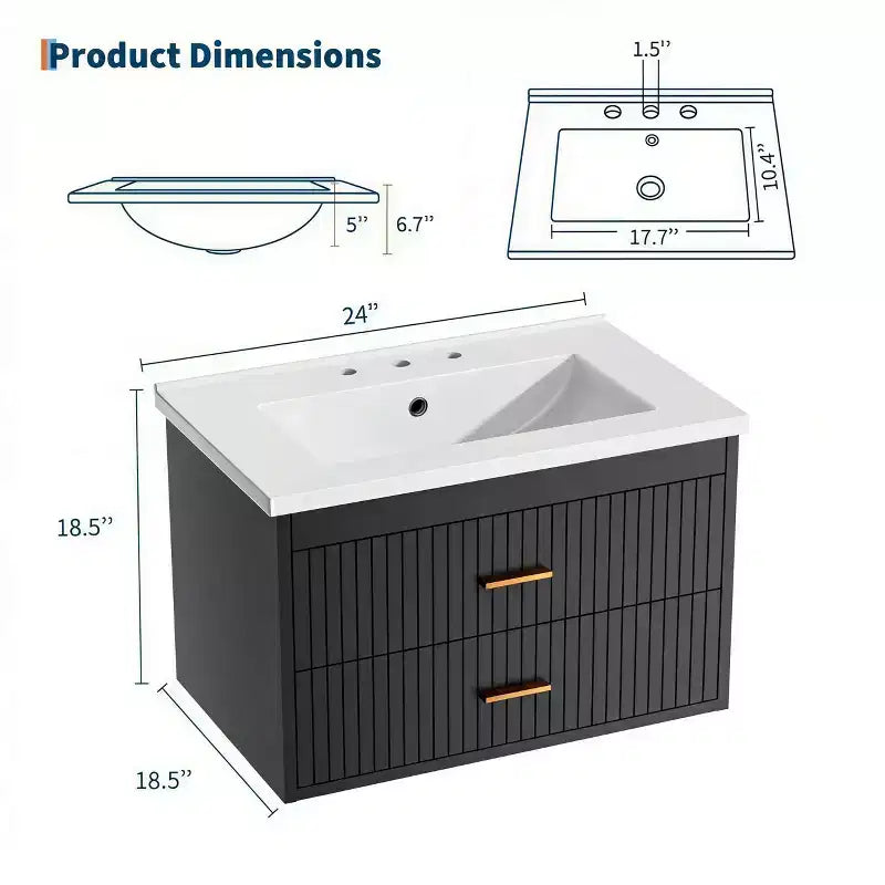 Mobile bagno sospeso con lavabo, mobile lavabo a parete con 2 cassetti a chiusura ammortizzata, mobile moderno per bagno