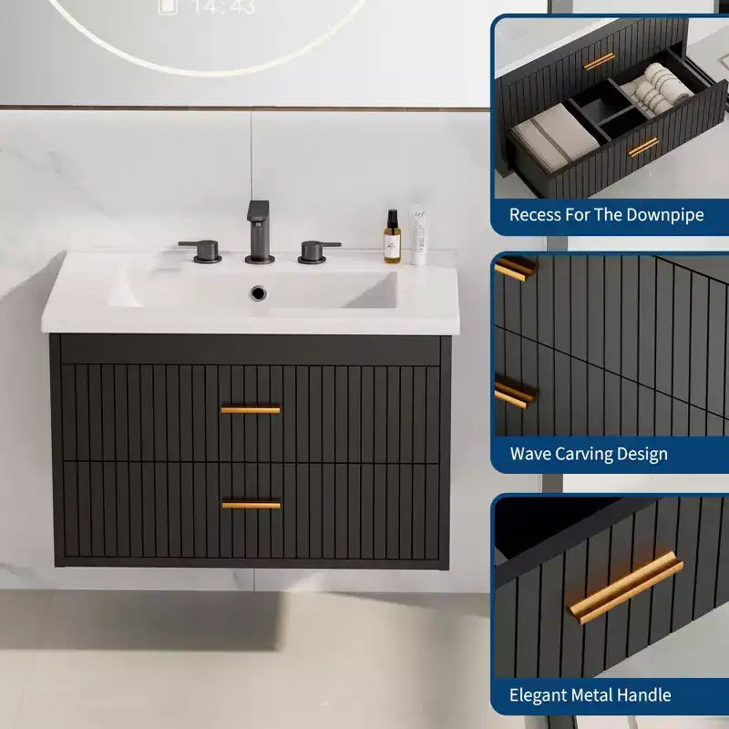 Mobile bagno sospeso con lavabo, mobile lavabo a parete con 2 cassetti a chiusura ammortizzata, mobile moderno per bagno