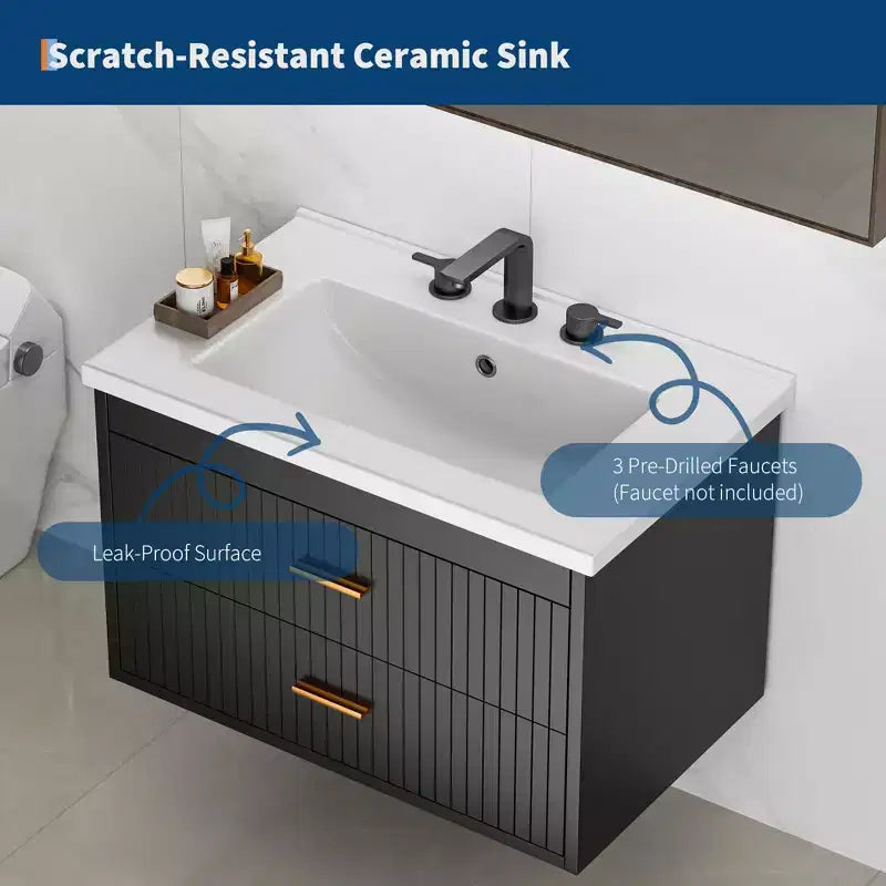 Mobile bagno sospeso con lavabo, mobile lavabo a parete con 2 cassetti a chiusura ammortizzata, mobile moderno per bagno