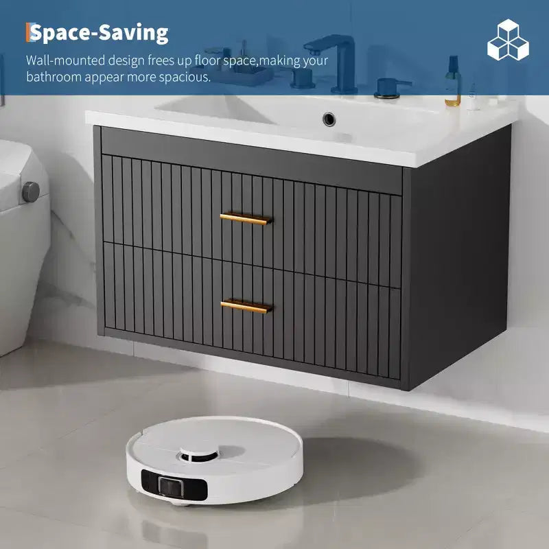 Mobile bagno sospeso con lavabo, mobile lavabo a parete con 2 cassetti a chiusura ammortizzata, mobile moderno per bagno
