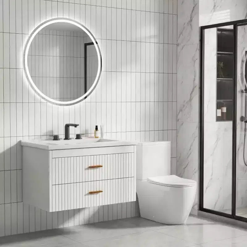 Mobile bagno sospeso con lavabo, mobile lavabo a parete con 2 cassetti a chiusura ammortizzata, mobile moderno per bagno