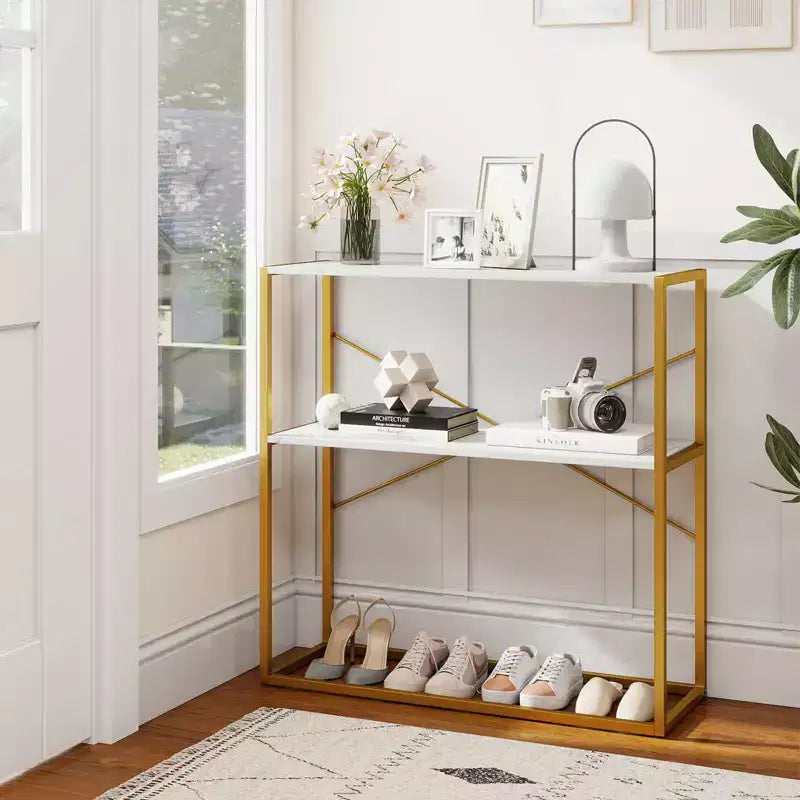 Consolle 36 Costway con ripiani aperti effetto legno e struttura in metallo per corridoio Bianco/Marrone