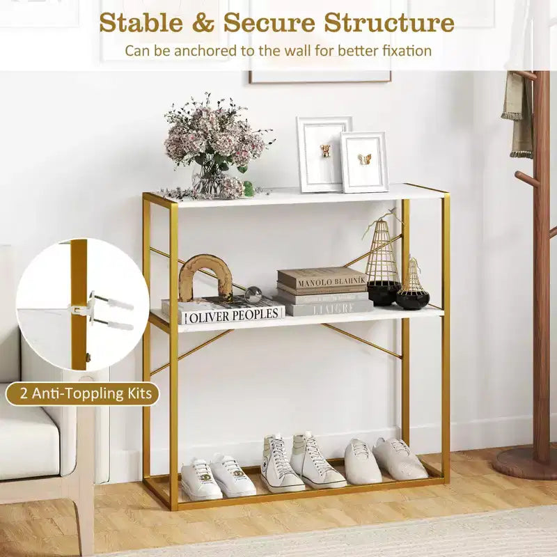 Consolle 36 Costway con ripiani aperti effetto legno e struttura in metallo per corridoio Bianco/Marrone