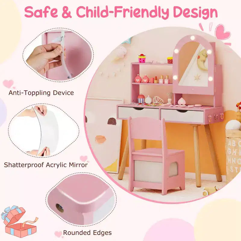 Costway Toeletta per Bambini con 3 Modalità di Illuminazione a Colori, Luminosità Regolabile, Specchio Contenitore Bianco/Rosa