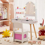Costway Toeletta per Bambini con 3 Modalità di Illuminazione a Colori, Luminosità Regolabile, Specchio Contenitore Bianco/Rosa