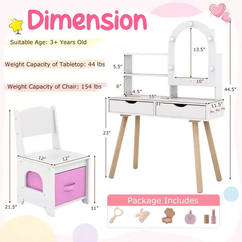 Costway Toeletta per Bambini con 3 Modalità di Illuminazione a Colori, Luminosità Regolabile, Specchio Contenitore Bianco/Rosa