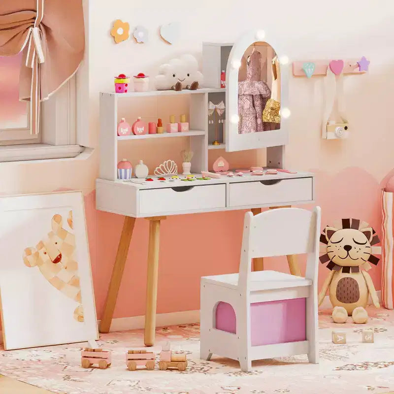 Costway Toeletta per Bambini con 3 Modalità di Illuminazione a Colori, Luminosità Regolabile, Specchio Contenitore Bianco/Rosa