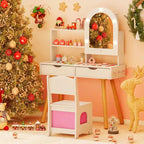 Costway Toeletta per Bambini con 3 Modalità di Illuminazione a Colori, Luminosità Regolabile, Specchio Contenitore Bianco/Rosa