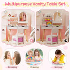 Costway Toeletta per Bambini con 3 Modalità di Illuminazione a Colori, Luminosità Regolabile, Specchio Contenitore Bianco/Rosa