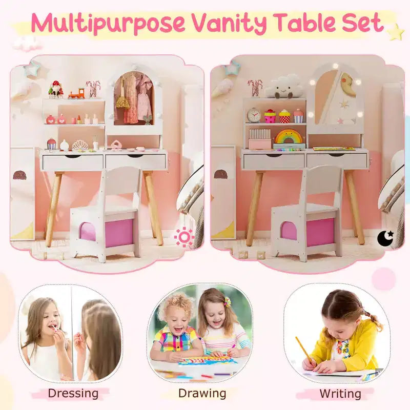 Costway Toeletta per Bambini con 3 Modalità di Illuminazione a Colori, Luminosità Regolabile, Specchio Contenitore Bianco/Rosa