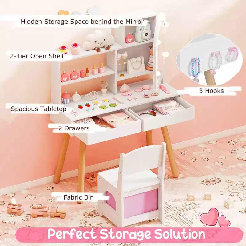 Costway Toeletta per Bambini con 3 Modalità di Illuminazione a Colori, Luminosità Regolabile, Specchio Contenitore Bianco/Rosa