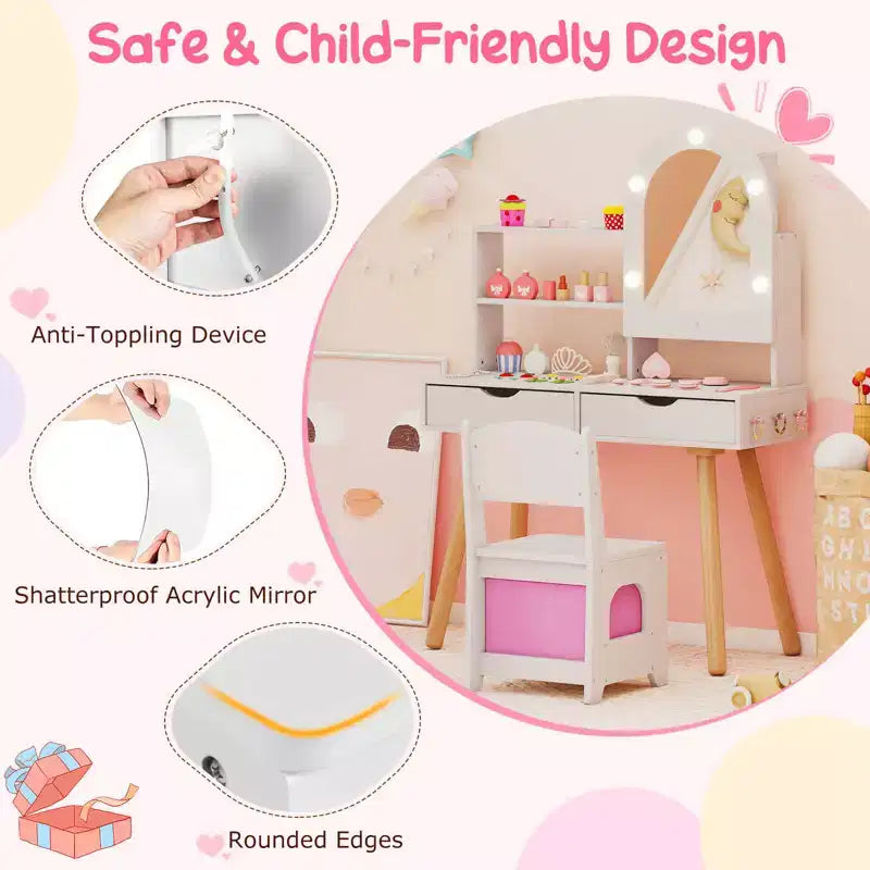 Costway Toeletta per Bambini con 3 Modalità di Illuminazione a Colori, Luminosità Regolabile, Specchio Contenitore Bianco/Rosa