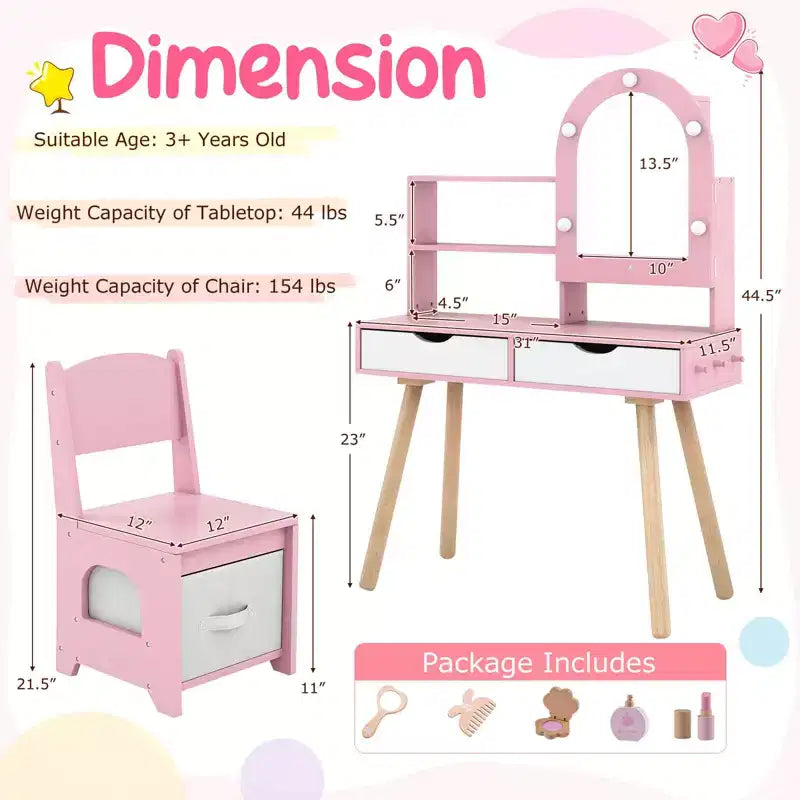 Costway Toeletta per Bambini con 3 Modalità di Illuminazione a Colori, Luminosità Regolabile, Specchio Contenitore Bianco/Rosa