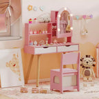 Costway Toeletta per Bambini con 3 Modalità di Illuminazione a Colori, Luminosità Regolabile, Specchio Contenitore Bianco/Rosa