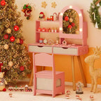 Costway Toeletta per Bambini con 3 Modalità di Illuminazione a Colori, Luminosità Regolabile, Specchio Contenitore Bianco/Rosa