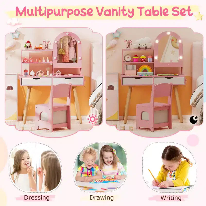 Costway Toeletta per Bambini con 3 Modalità di Illuminazione a Colori, Luminosità Regolabile, Specchio Contenitore Bianco/Rosa