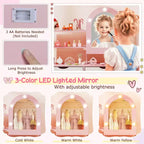 Costway Toeletta per Bambini con 3 Modalità di Illuminazione a Colori, Luminosità Regolabile, Specchio Contenitore Bianco/Rosa