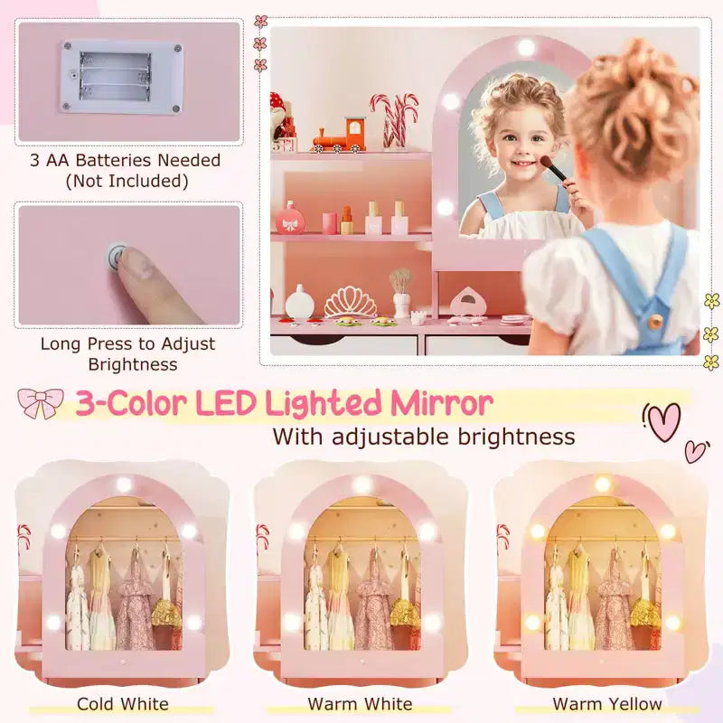 Costway Toeletta per Bambini con 3 Modalità di Illuminazione a Colori, Luminosità Regolabile, Specchio Contenitore Bianco/Rosa