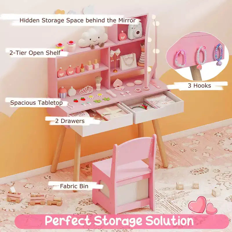 Costway Toeletta per Bambini con 3 Modalità di Illuminazione a Colori, Luminosità Regolabile, Specchio Contenitore Bianco/Rosa