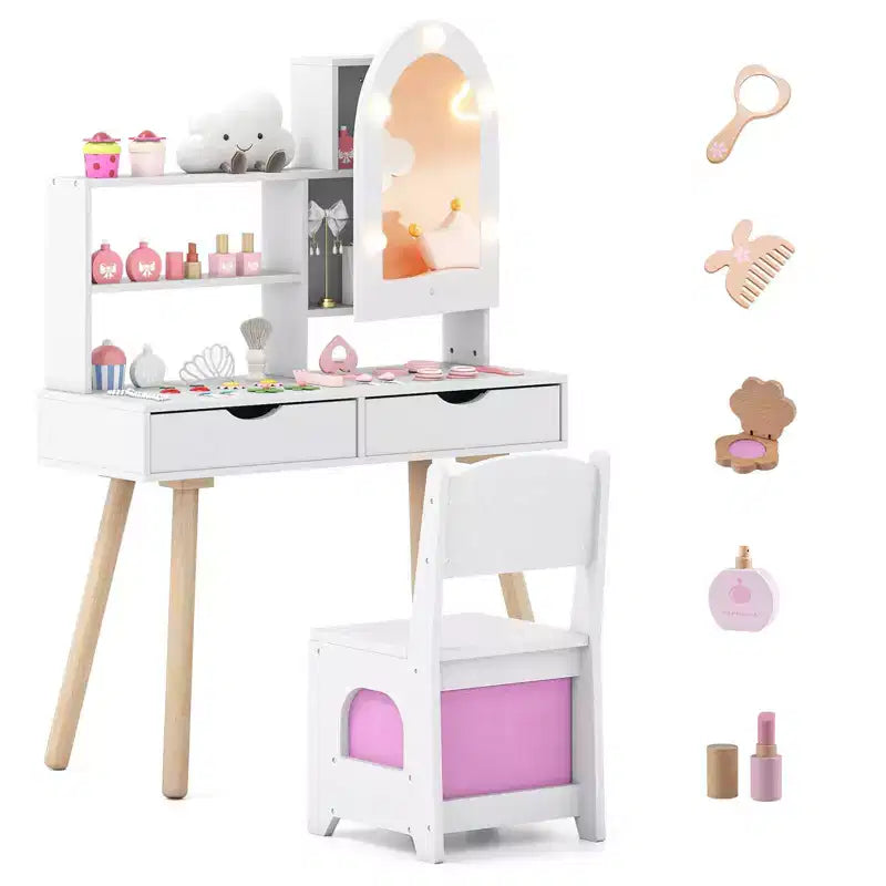 Costway Toeletta per Bambini con 3 Modalità di Illuminazione a Colori, Luminosità Regolabile, Specchio Contenitore Bianco/Rosa