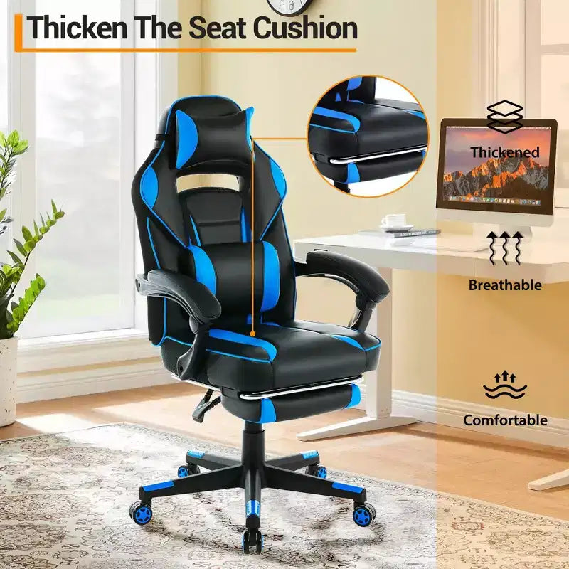 Sedia da Gaming in Ecopelle con Schienale Alto, Sedia da Ufficio Ergonomica con Poggiatesta, Poggiapiedi Estraibile, Supporto Lombare, Girevole a 360°, Regolabile in Altezza, Nera