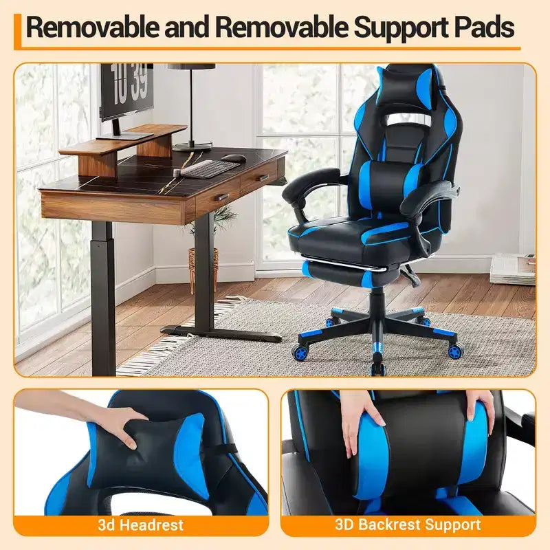 Sedia da Gaming in Ecopelle con Schienale Alto, Sedia da Ufficio Ergonomica con Poggiatesta, Poggiapiedi Estraibile, Supporto Lombare, Girevole a 360°, Regolabile in Altezza, Nera
