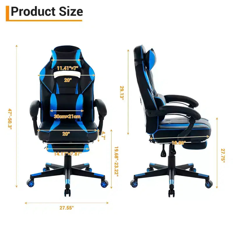 Sedia da Gaming in Ecopelle con Schienale Alto, Sedia da Ufficio Ergonomica con Poggiatesta, Poggiapiedi Estraibile, Supporto Lombare, Girevole a 360°, Regolabile in Altezza, Nera