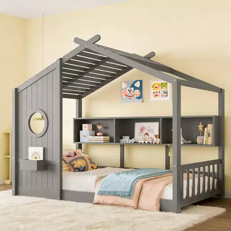 Struttura letto a forma di casetta Luxystar con mensole, finestra e tetto per la camera dei bambini