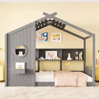 Luxystar House Shape Bed Frame With Shelves, Window and Roof for Kid's Room