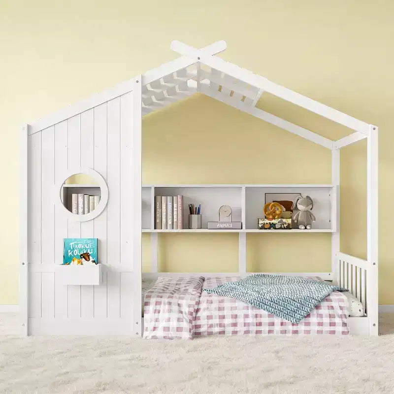 Struttura letto a forma di casetta Luxystar con mensole, finestra e tetto per la camera dei bambini