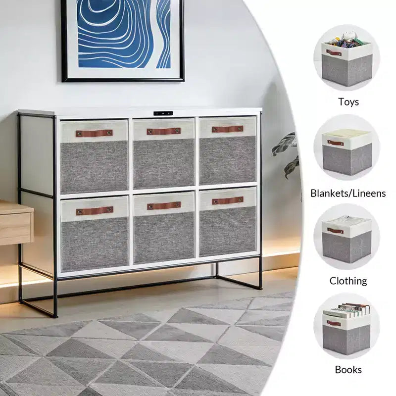 Set di 6 Cestini Cubici da 33x33 cm, Contenitori Pieghevoli in Lino con Manici in Pelle, Organizer Ripiegabili per Armadi e Scaffali