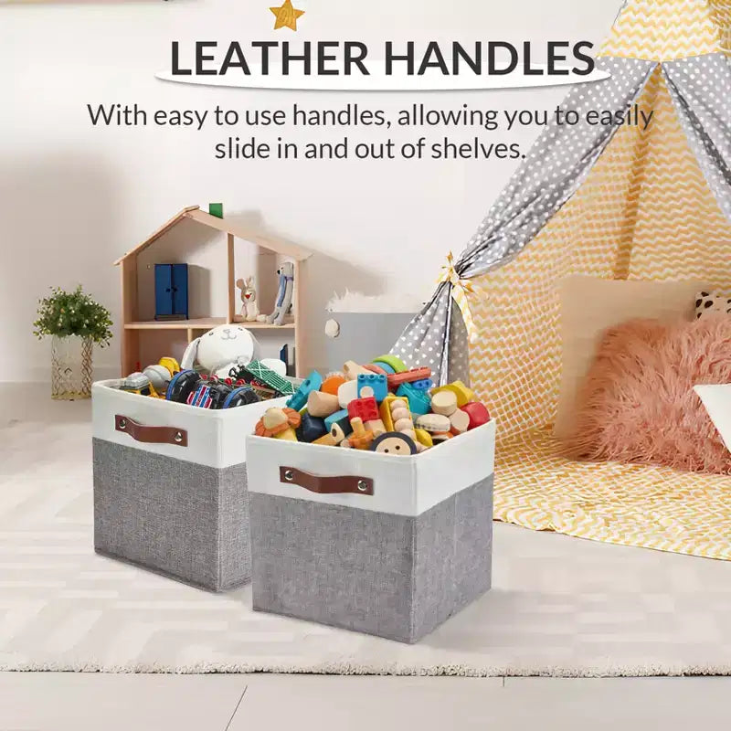 Set di 6 Cestini Cubici da 33x33 cm, Contenitori Pieghevoli in Lino con Manici in Pelle, Organizer Ripiegabili per Armadi e Scaffali