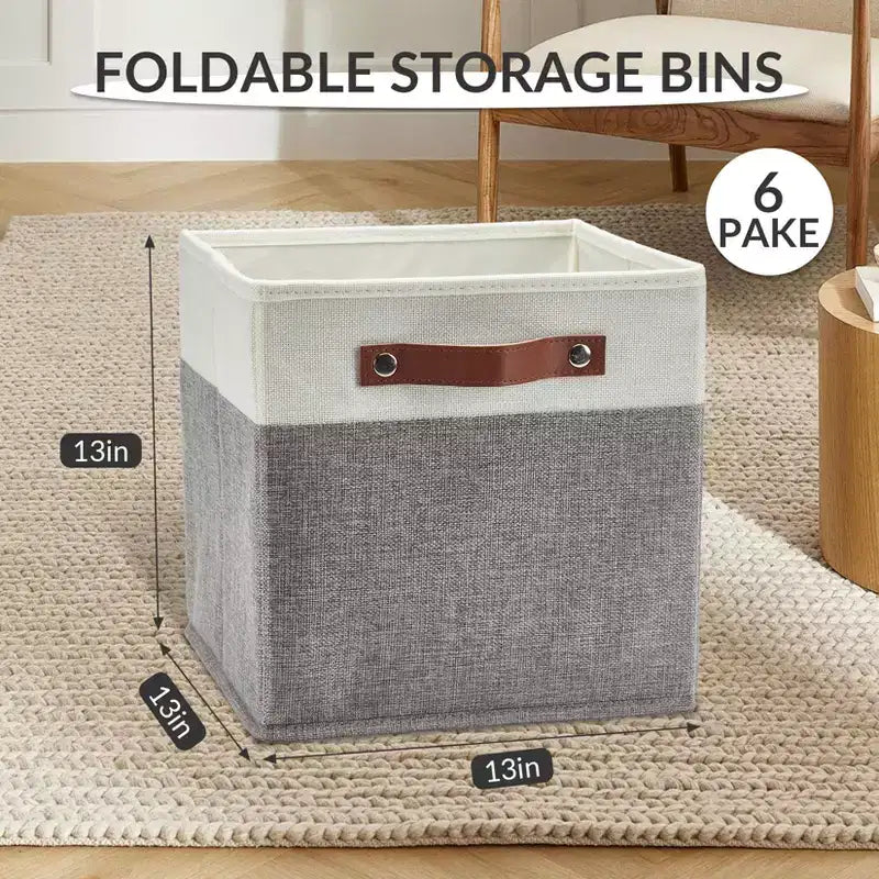 Set di 6 Cestini Cubici da 33x33 cm, Contenitori Pieghevoli in Lino con Manici in Pelle, Organizer Ripiegabili per Armadi e Scaffali