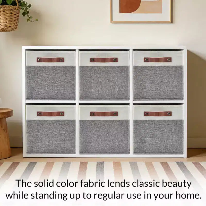 Set di 6 Cestini Cubici da 33x33 cm, Contenitori Pieghevoli in Lino con Manici in Pelle, Organizer Ripiegabili per Armadi e Scaffali