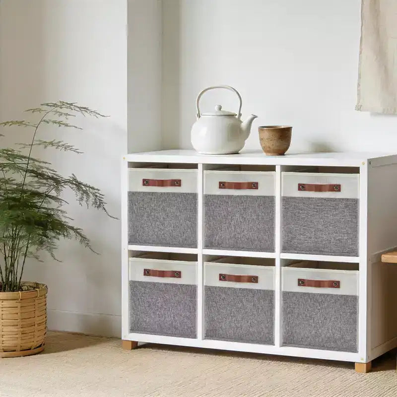 Set di 6 Cestini Cubici da 33x33 cm, Contenitori Pieghevoli in Lino con Manici in Pelle, Organizer Ripiegabili per Armadi e Scaffali
