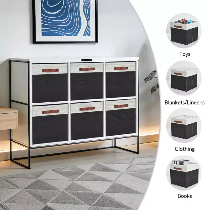 Set di 6 Cestini Cubici da 33x33 cm, Contenitori Pieghevoli in Lino con Manici in Pelle, Organizer Ripiegabili per Armadi e Scaffali