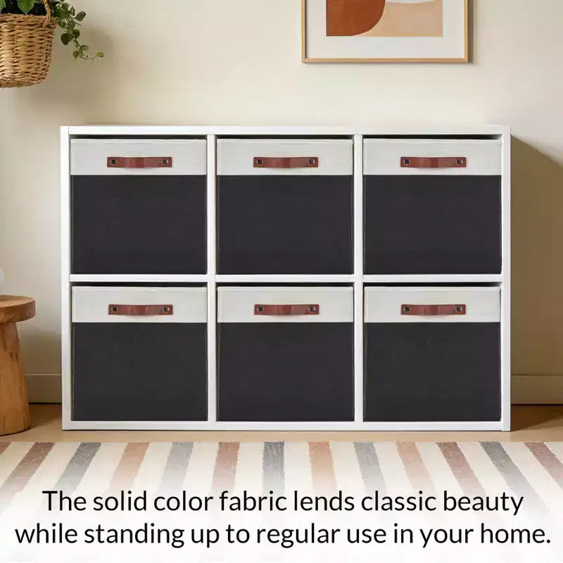 Set di 6 Cestini Cubici da 33x33 cm, Contenitori Pieghevoli in Lino con Manici in Pelle, Organizer Ripiegabili per Armadi e Scaffali
