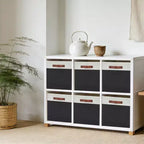 Set di 6 Cestini Cubici da 33x33 cm, Contenitori Pieghevoli in Lino con Manici in Pelle, Organizer Ripiegabili per Armadi e Scaffali