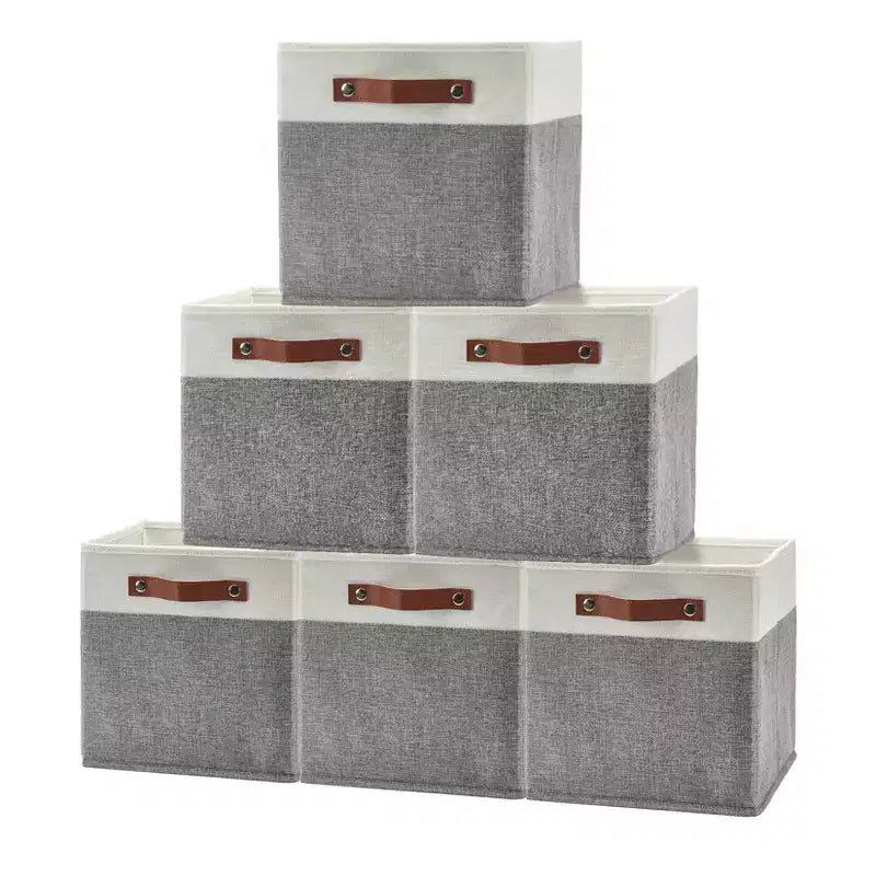Set di 6 Cestini Cubici da 33x33 cm, Contenitori Pieghevoli in Lino con Manici in Pelle, Organizer Ripiegabili per Armadi e Scaffali